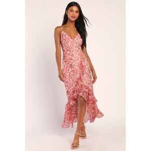 Lulu's Always Enchanting Pink Floral Metallic Ruffled High-Low Dress women's XL